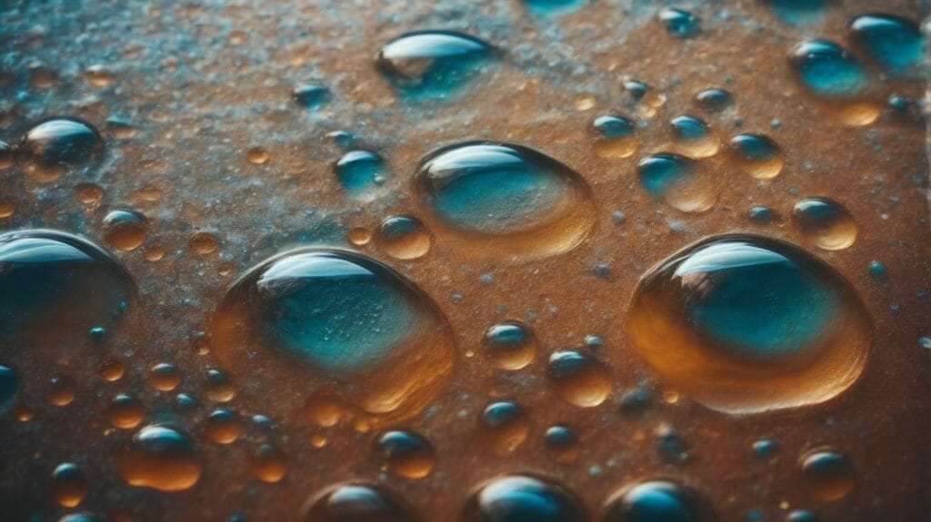 A close up of thick water droplets on a brown surface.