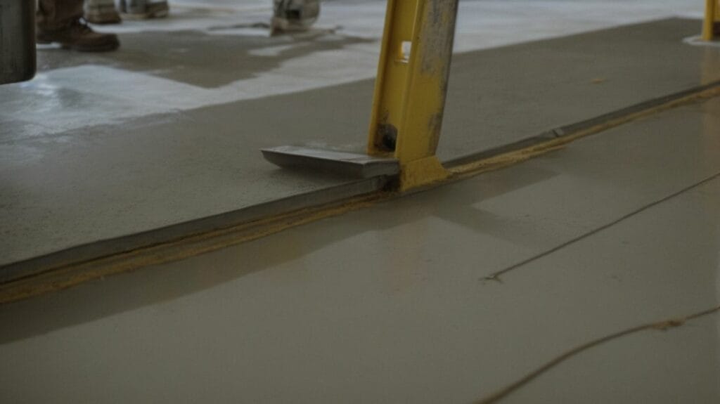 A man is working on the floor of a building, applying cementitious urethane.