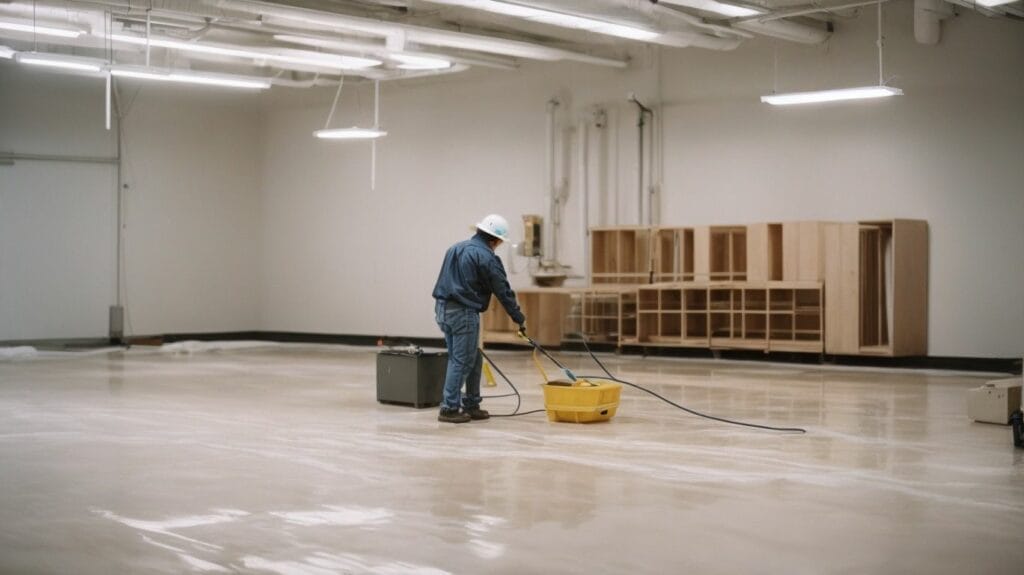 A man is cleaning the floor of a large room with epoxy flooring.