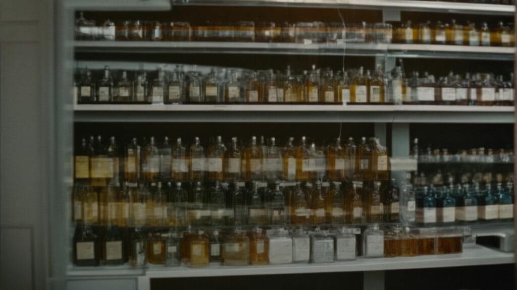 A shelf full of epoxy bottles in a laboratory.